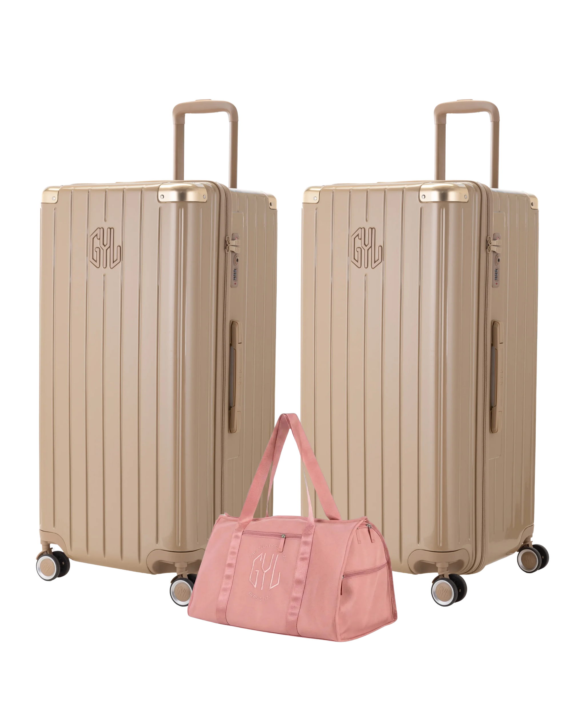 Pack 2 valises Trunk XL GYL coloris Champagne et Champagne avec sac week-end pliant Or rose offert