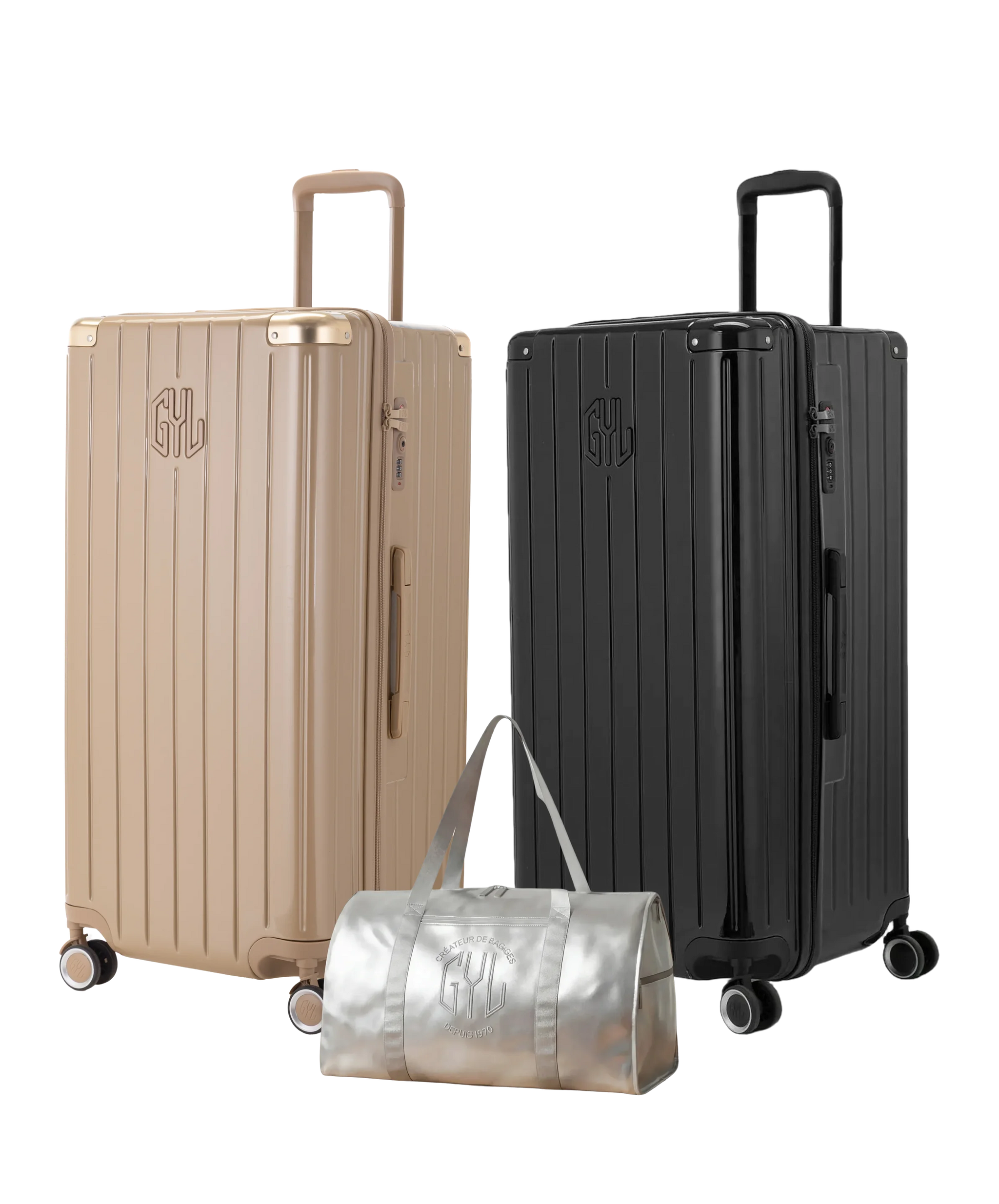 Pack 2 valises Trunk XL GYL coloris Champagne et Noir avec sac week-end pliant Argent offert