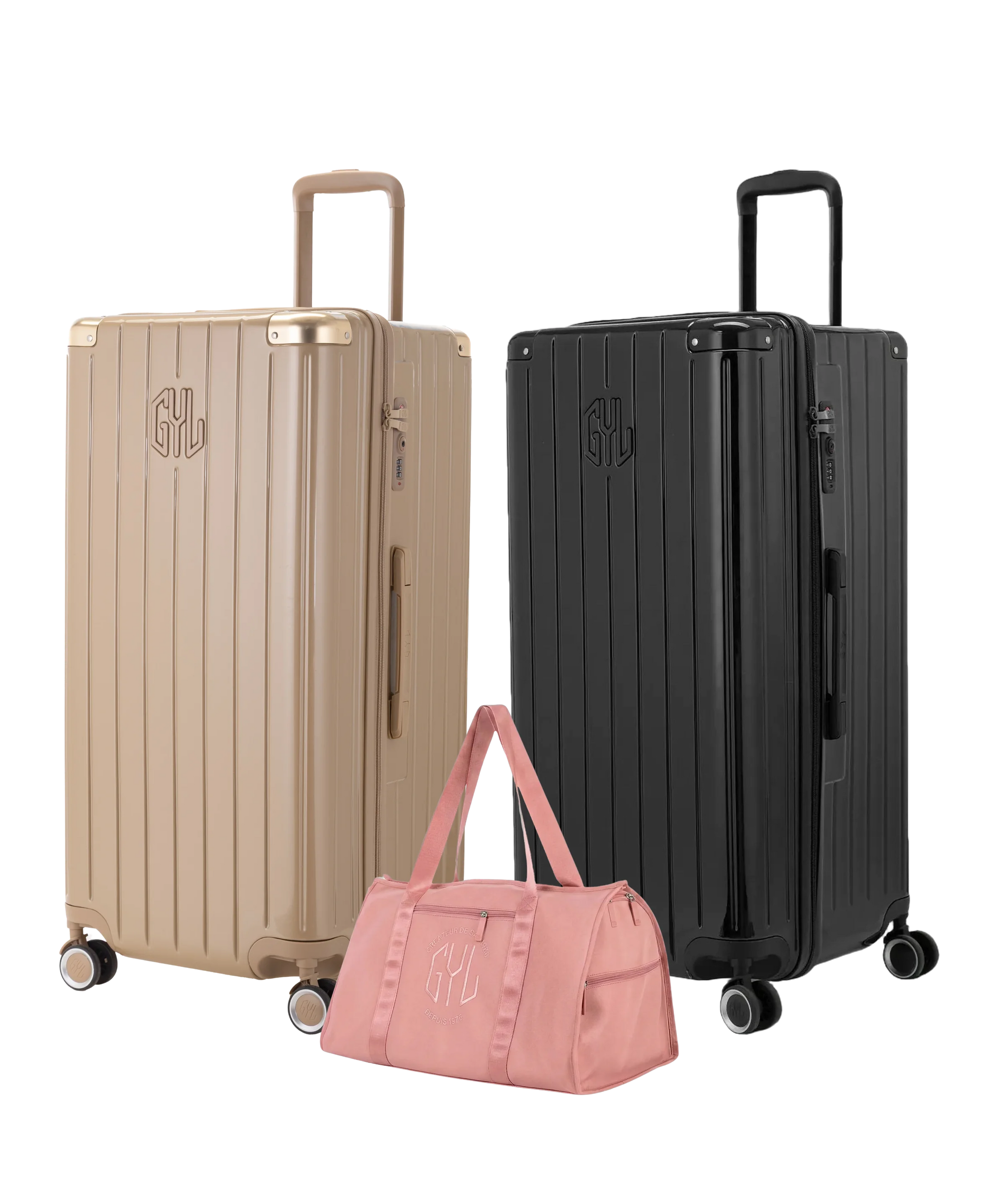 Pack 2 valises Trunk XL GYL coloris Champagne et Noir avec sac week-end pliant Or rose offert