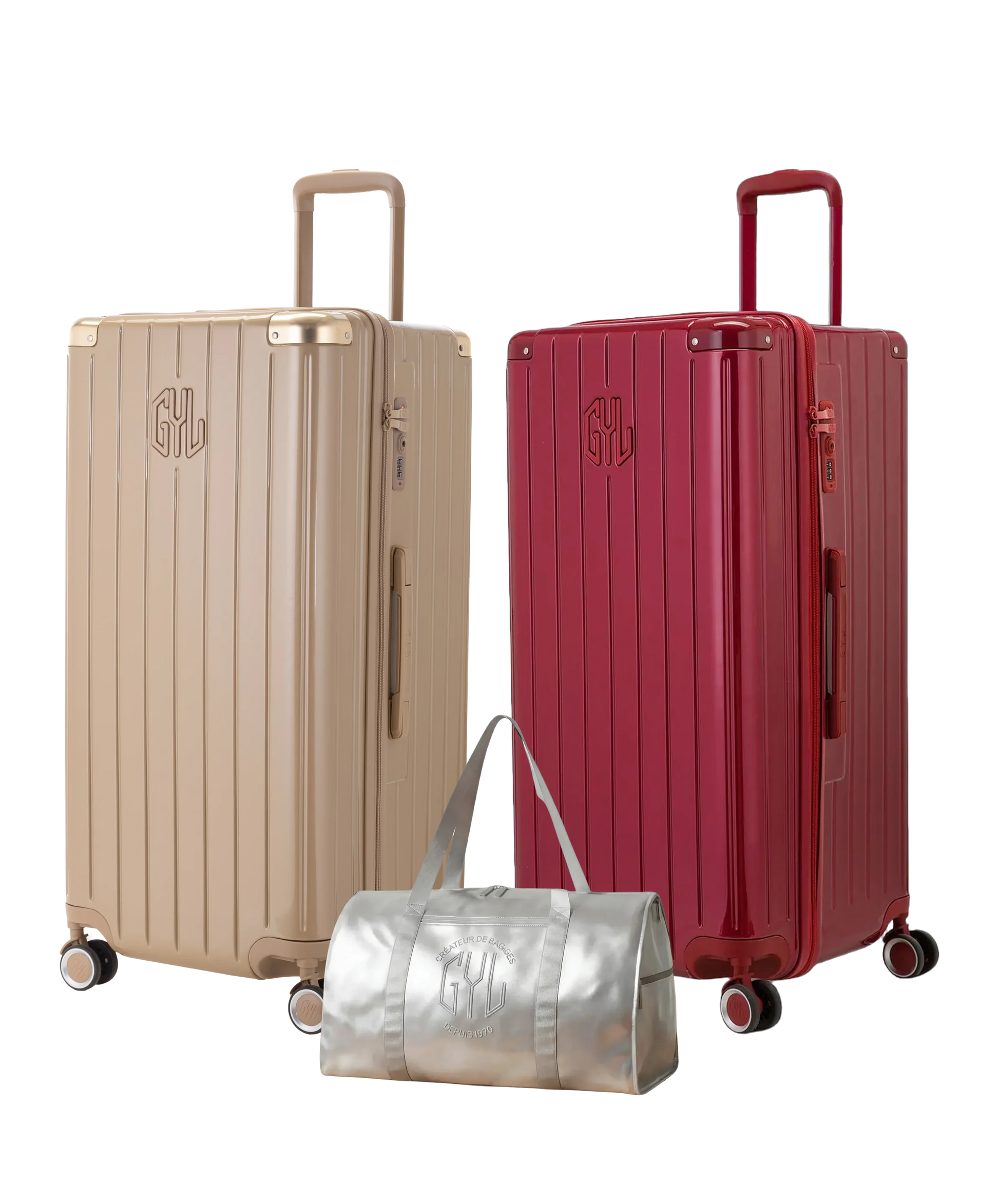 Pack 2 valises Trunk XL GYL coloris Champagne et Rouge Foncé avec sac week-end pliant Argent offert