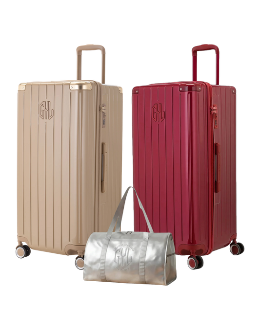 Pack 2 valises Trunk XL GYL coloris Champagne et Rouge Foncé avec sac week-end pliant Argent offert