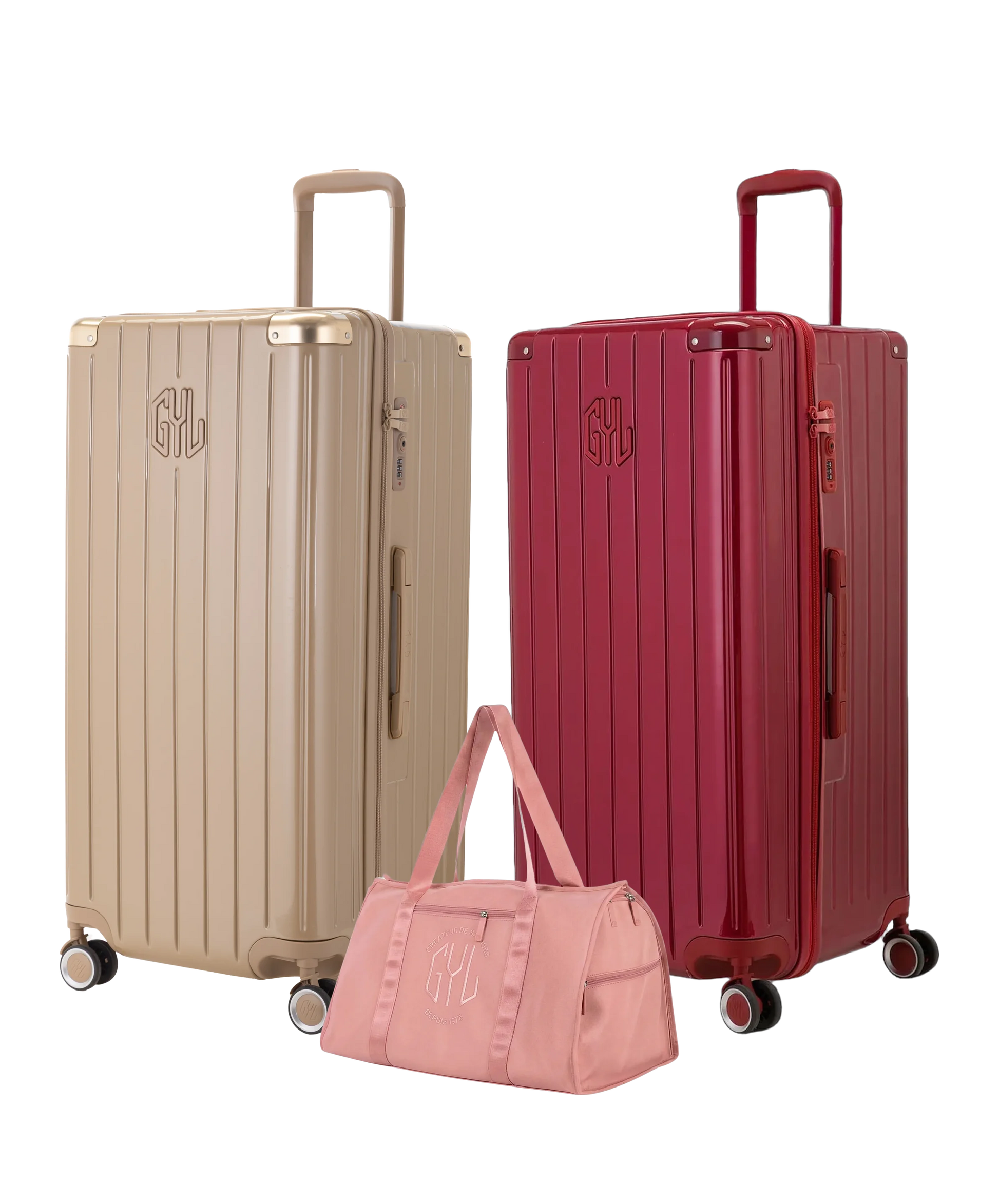 Pack 2 valises Trunk XL GYL coloris Champagne et Rouge Foncé avec sac week-end pliant Or rose offert