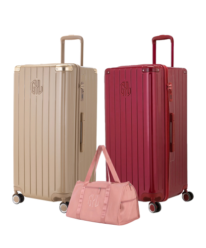 Pack 2 valises Trunk XL GYL coloris Champagne et Rouge Foncé avec sac week-end pliant Or rose offert