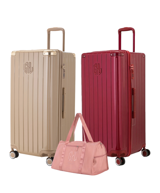 Pack 2 valises Trunk XL GYL coloris Champagne et Rouge Foncé avec sac week-end pliant Or rose offert