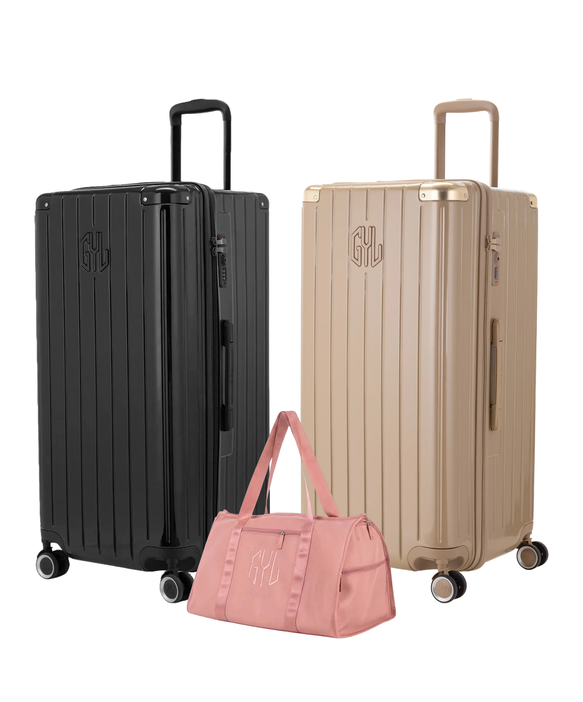 Pack 2 valises Trunk XL GYL coloris Noir et Champagne avec sac week-end pliant Or rose offert