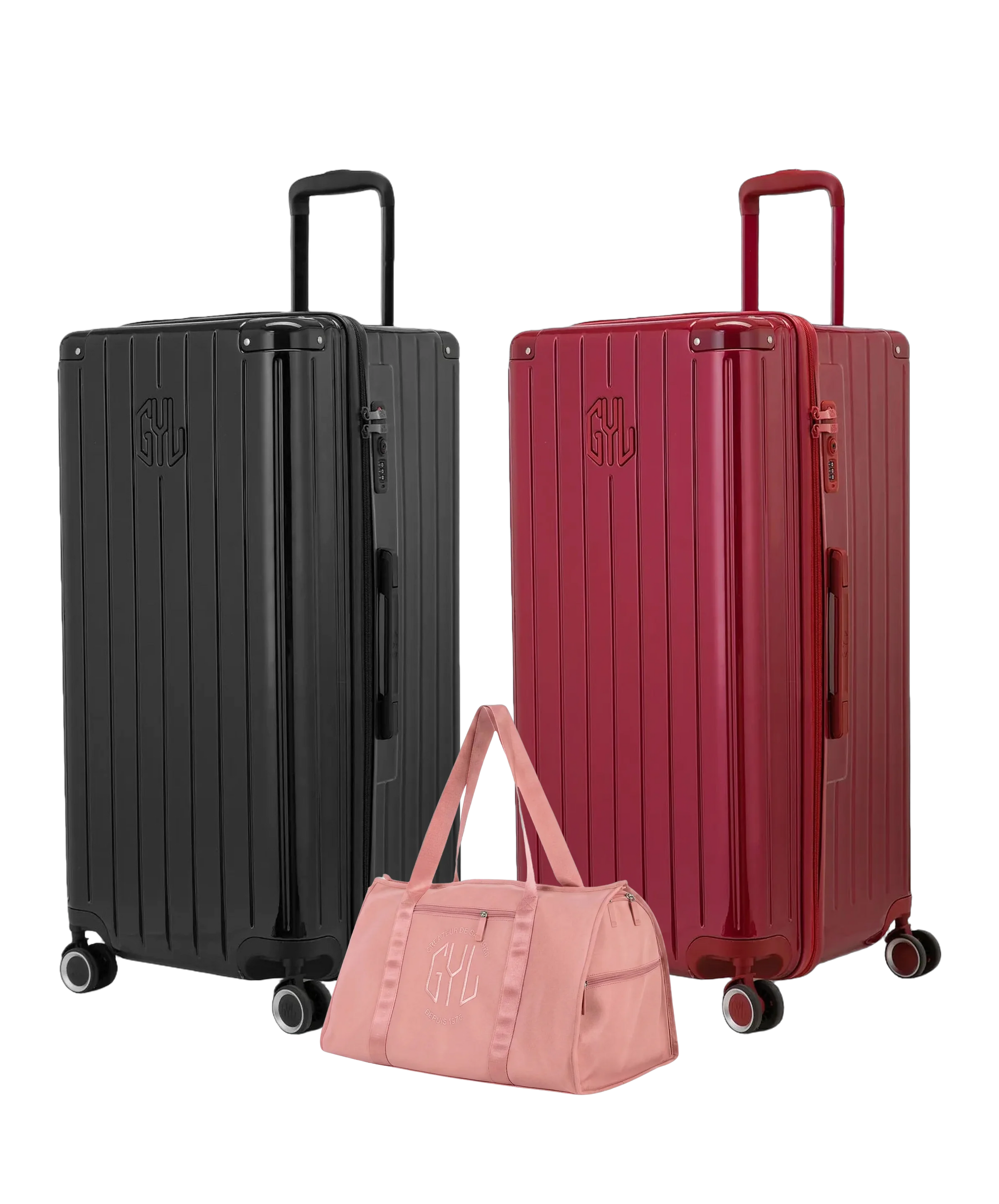 Pack 2 valises Trunk XL GYL coloris Noir et Rouge Foncé avec sac week-end pliant Or rose offert