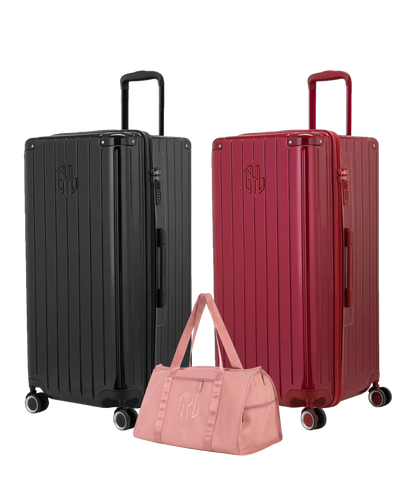 Pack 2 valises Trunk XL GYL coloris Noir et Rouge Foncé avec sac week-end pliant Or rose offert