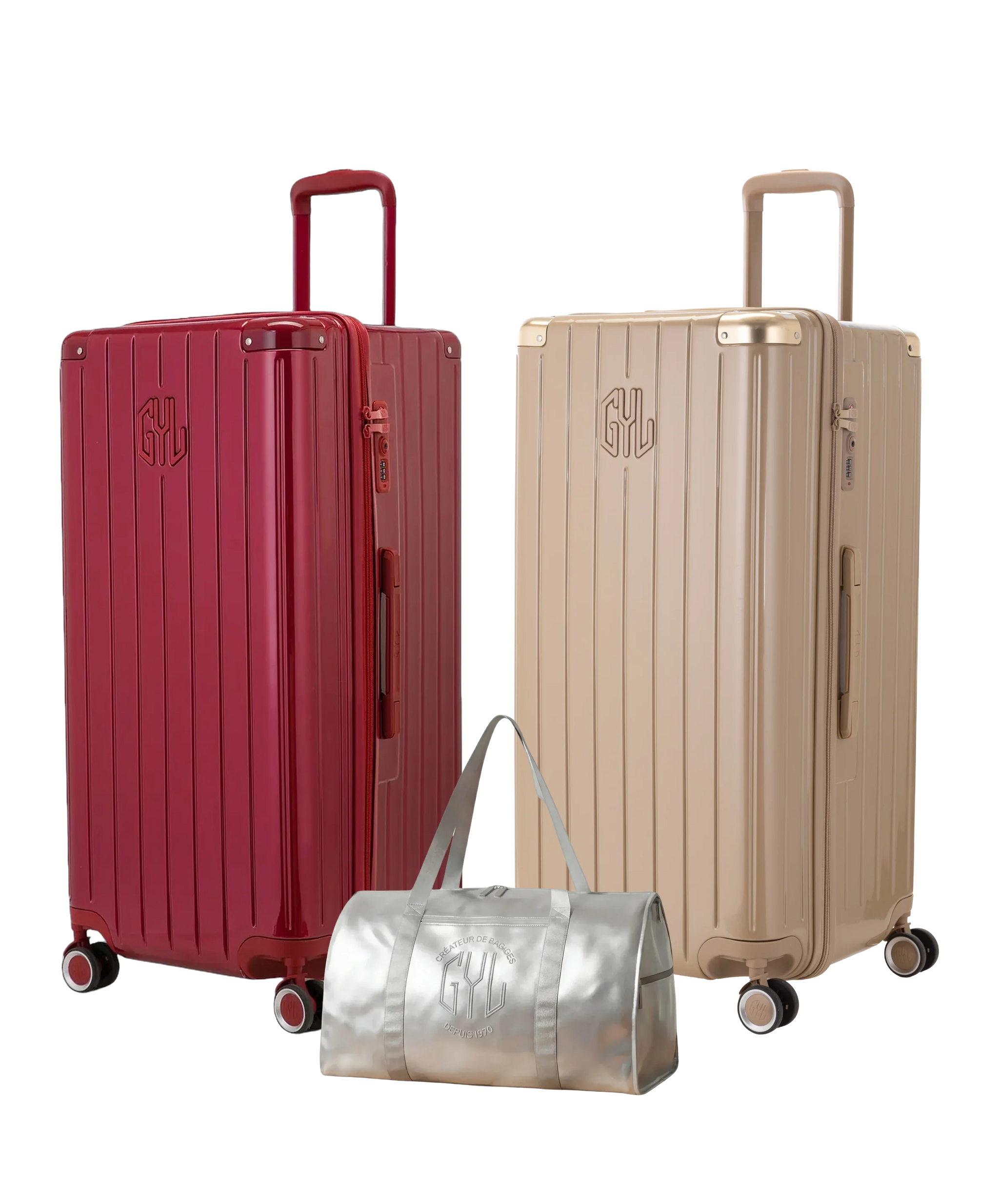 Pack 2 valises Trunk XL GYL coloris Rouge Foncé et Champagne avec sac week-end pliant Argent offert