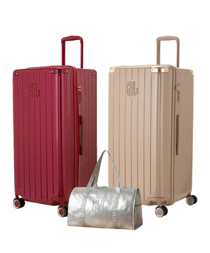 Pack 2 valises Trunk XL GYL coloris Rouge Foncé et Champagne avec sac week-end pliant Argent offert