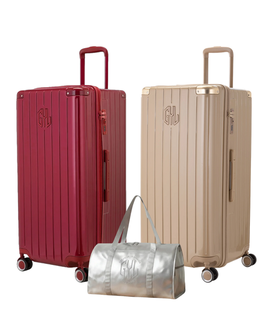 Pack 2 valises Trunk XL GYL coloris Rouge Foncé et Champagne avec sac week-end pliant Argent offert