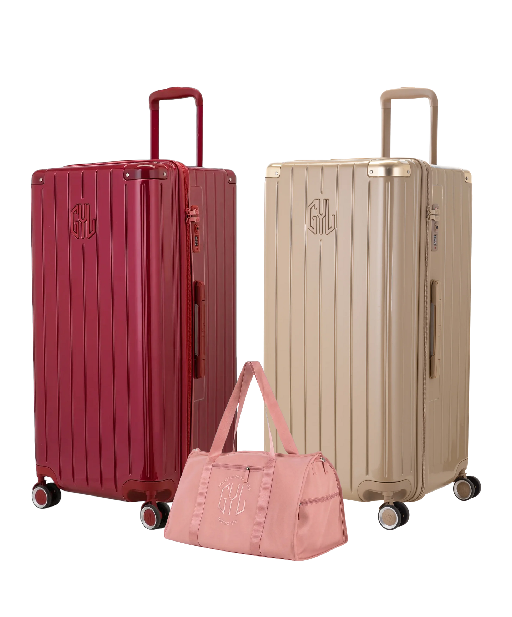 Pack 2 valises Trunk XL GYL coloris Rouge Foncé et Champagne avec sac week-end pliant Or rose offert