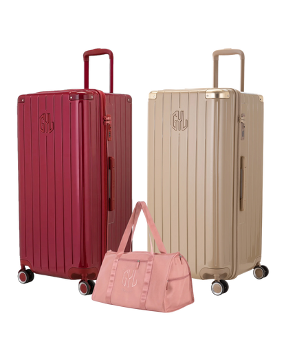 Pack 2 valises Trunk XL GYL coloris Rouge Foncé et Champagne avec sac week-end pliant Or rose offert