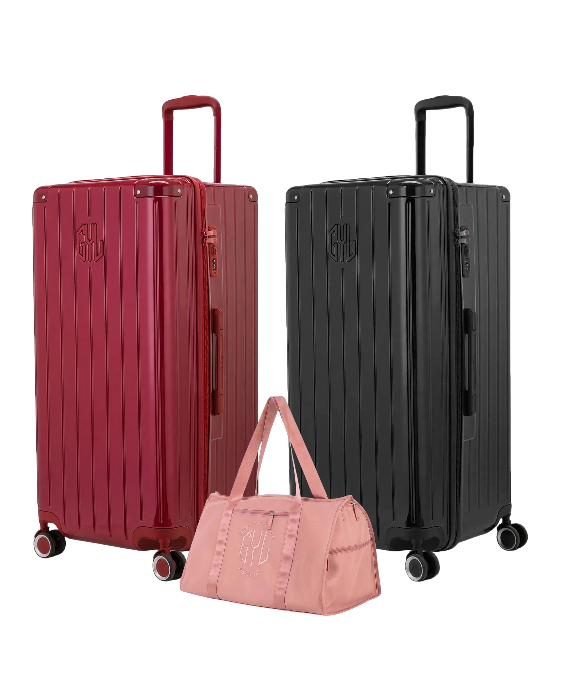 Pack 2 valises Trunk XL GYL coloris Rouge Foncé et Noir avec sac week-end pliant Or rose offert