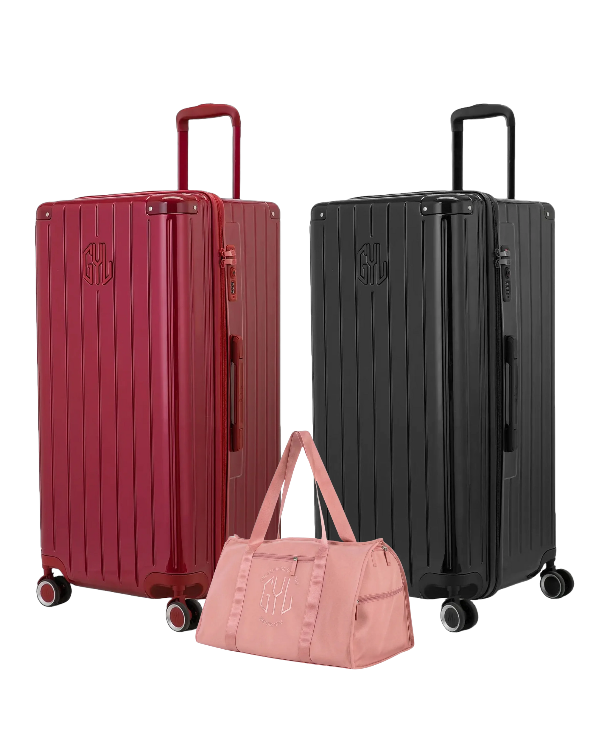 Pack 2 valises Trunk XL GYL coloris Rouge Foncé et Noir avec sac week-end pliant Or rose offert