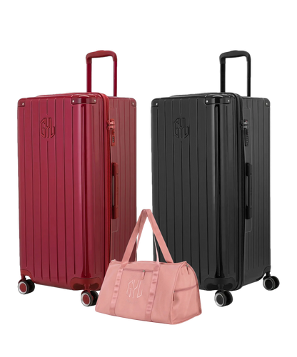 Pack 2 valises Trunk XL GYL coloris Rouge Foncé et Noir avec sac week-end pliant Or rose offert