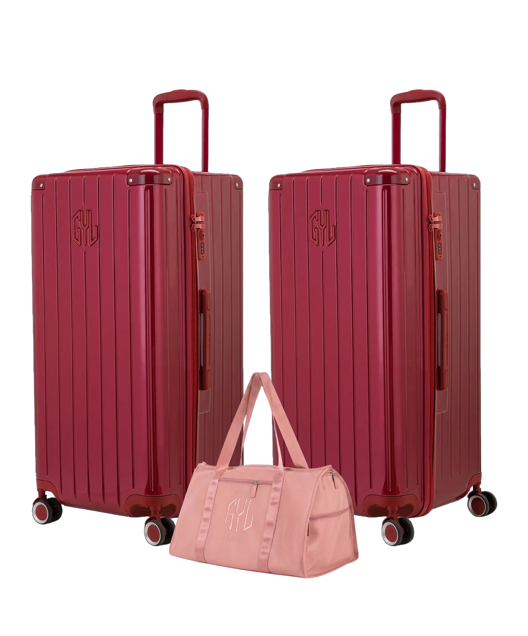 Pack 2 valises Trunk XL GYL coloris Rouge Foncé et Rouge Foncé avec sac week-end pliant Or rose offert