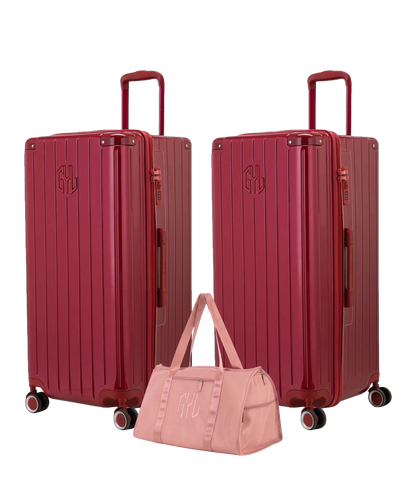 Pack 2 valises Trunk XL GYL coloris Rouge Foncé et Rouge Foncé avec sac week-end pliant Or rose offert