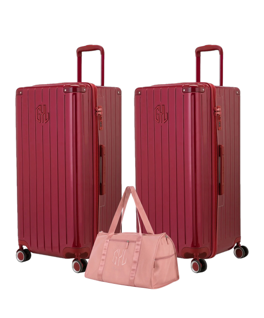 Pack 2 valises Trunk XL GYL coloris Rouge Foncé et Rouge Foncé avec sac week-end pliant Or rose offert