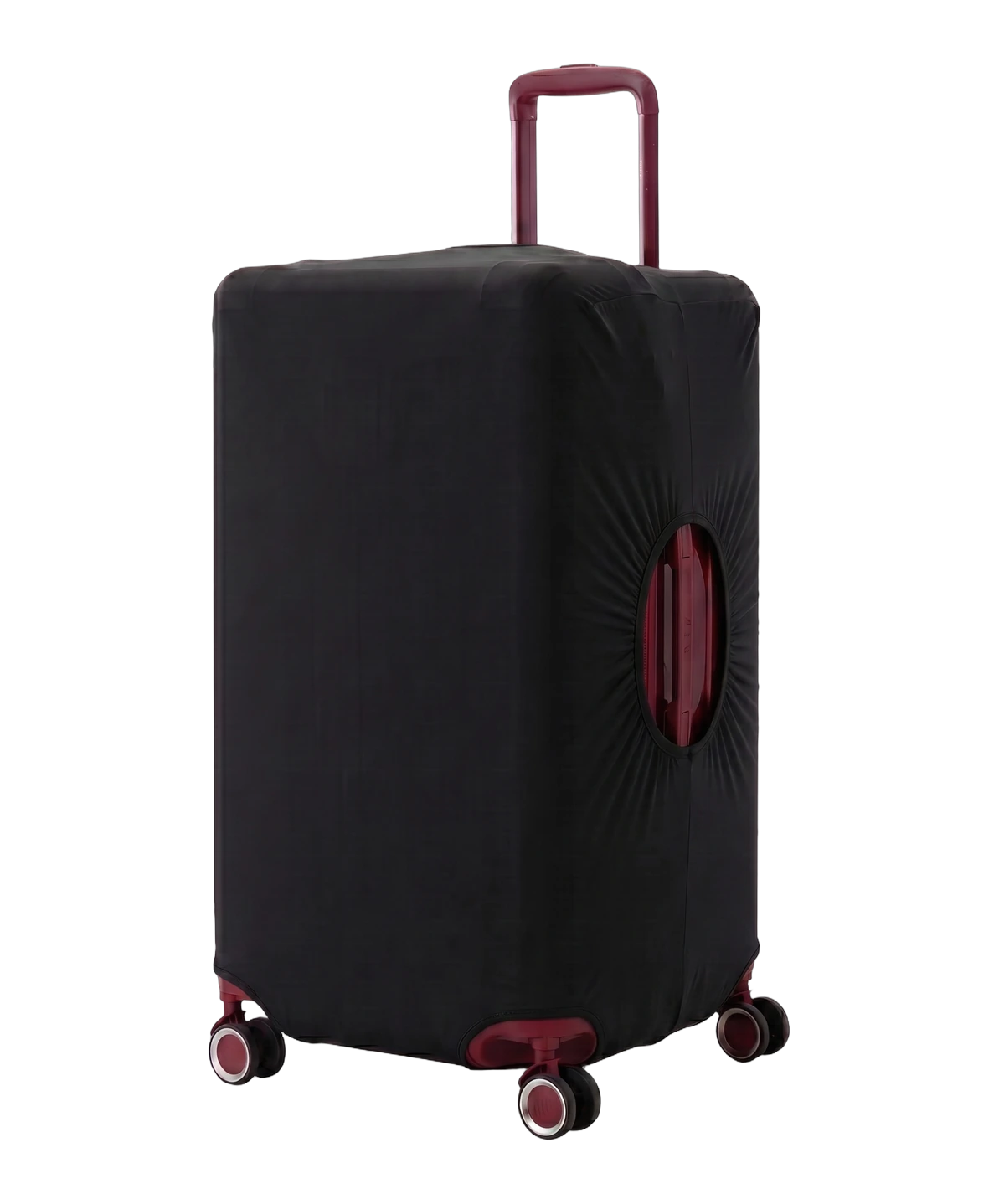 Pack Valise Trunk GYL en polycarbonate coloris rouge fonce avec housse de protection stretch noire, poignee telescopique et roues bordeaux apparentes, vue trois quarts avant