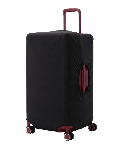 Pack Valise Trunk GYL en polycarbonate coloris rouge fonce avec housse de protection stretch noire, poignee telescopique et roues bordeaux apparentes, vue trois quarts avant