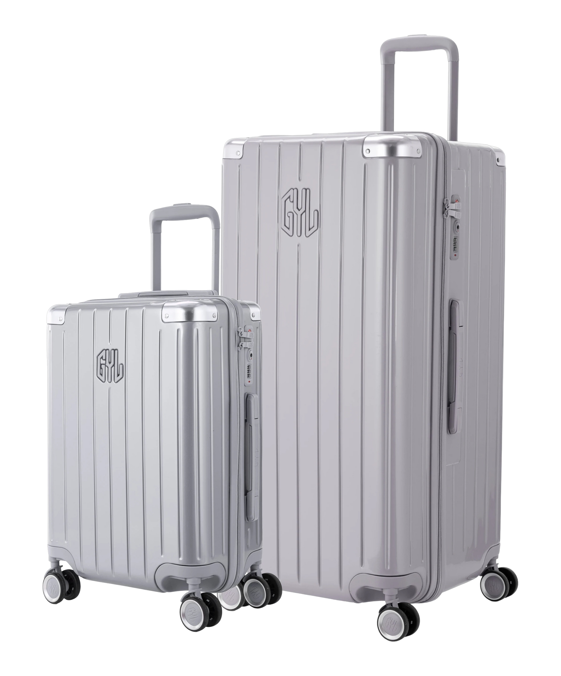 Pack 2 valises rigides GYL Trunk XL et Cabine S argent, polycarbonate, 4 roues 360°, vue trois quarts