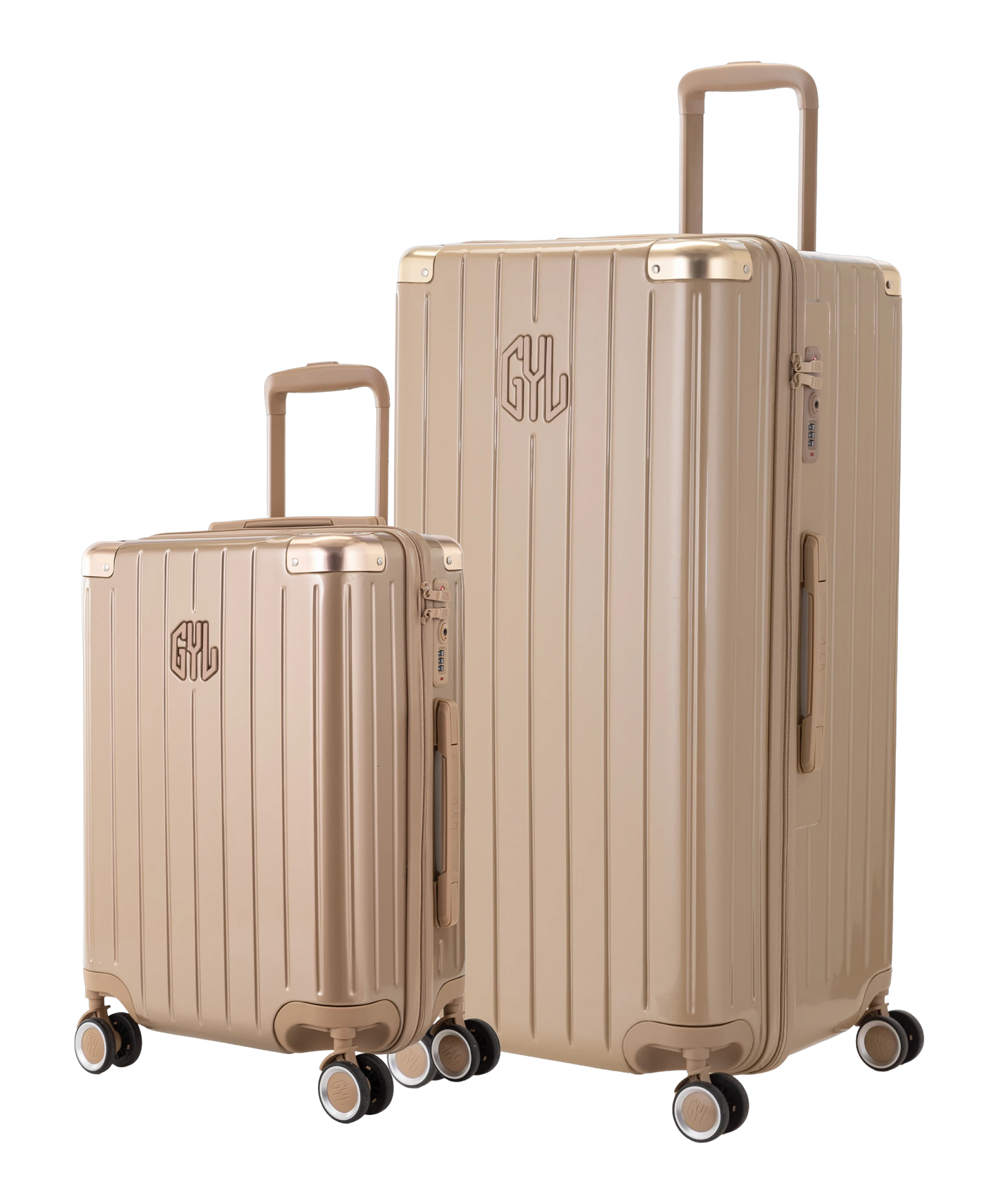 Pack 2 valises rigides GYL Trunk XL et Cabine S champagne, polycarbonate, 4 roues 360°, vue trois quarts