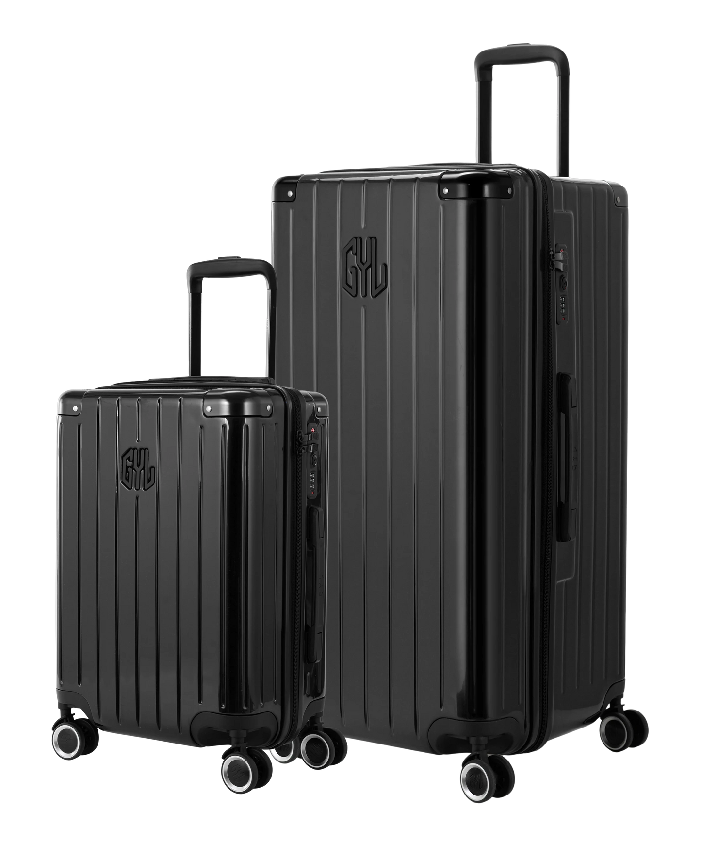 Pack 2 valises rigides GYL Trunk XL et Cabine S noires, polycarbonate, 4 roues 360°, vue trois quarts