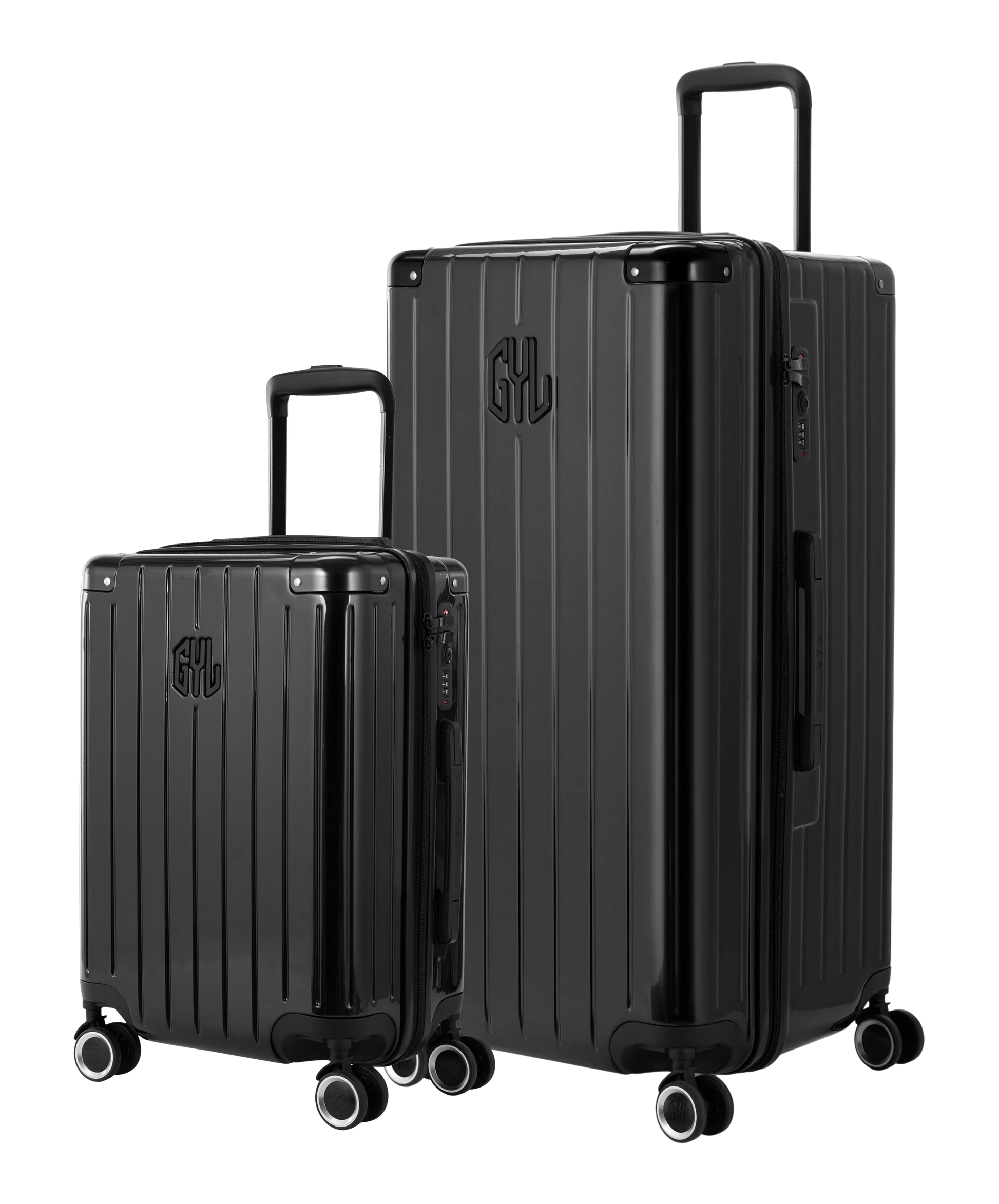 Pack 2 valises rigides GYL Trunk XL et Cabine S noires, polycarbonate, 4 roues 360°, vue trois quarts