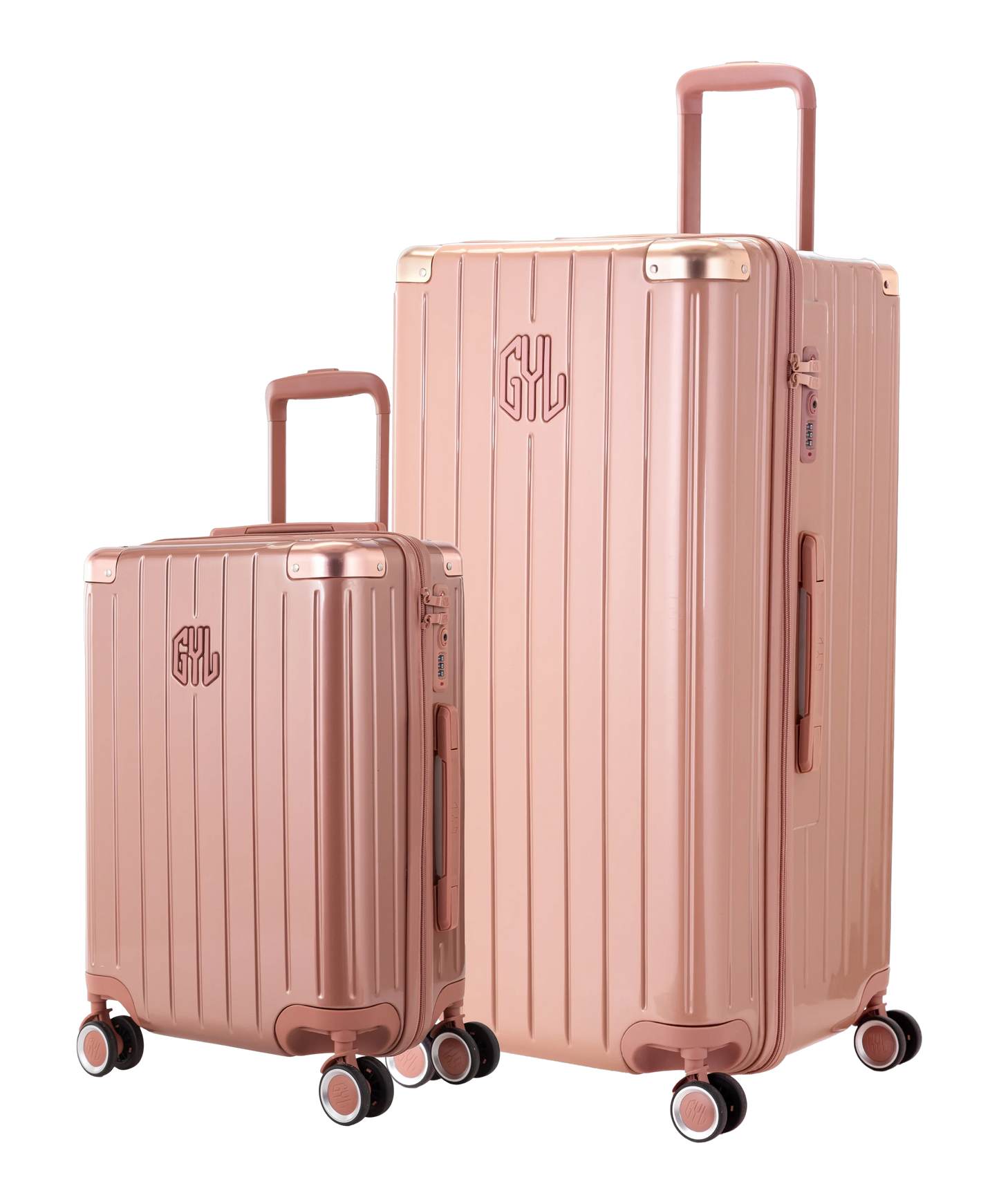 Pack 2 valises rigides GYL Trunk XL et Cabine S rose gold, polycarbonate, 4 roues 360°, vue trois quarts