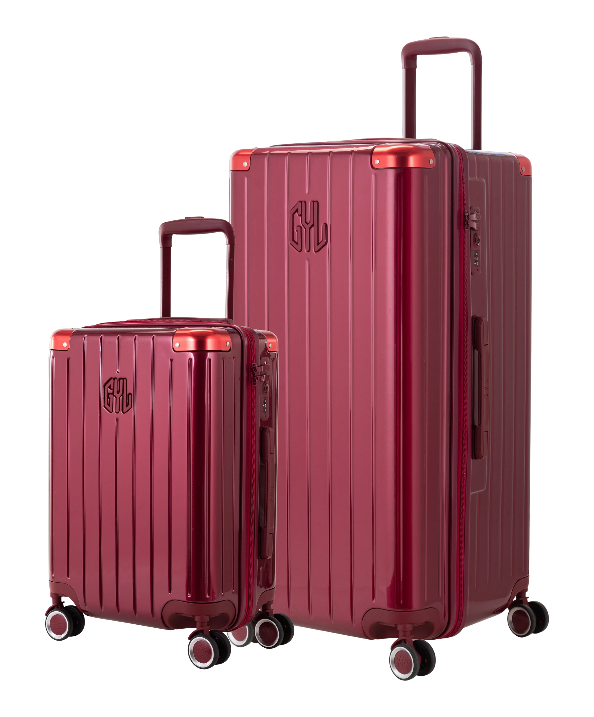 Pack 2 valises rigides GYL Trunk XL et Cabine S rouge foncé, polycarbonate, 4 roues 360°, vue trois quarts