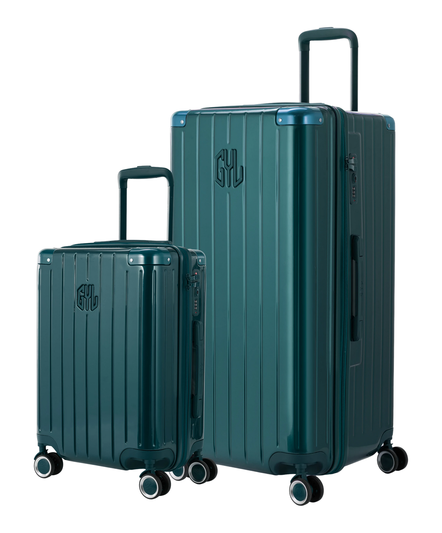 Pack 2 valises rigides GYL Trunk XL et Cabine S vert sapin, polycarbonate, 4 roues 360°, vue trois quarts