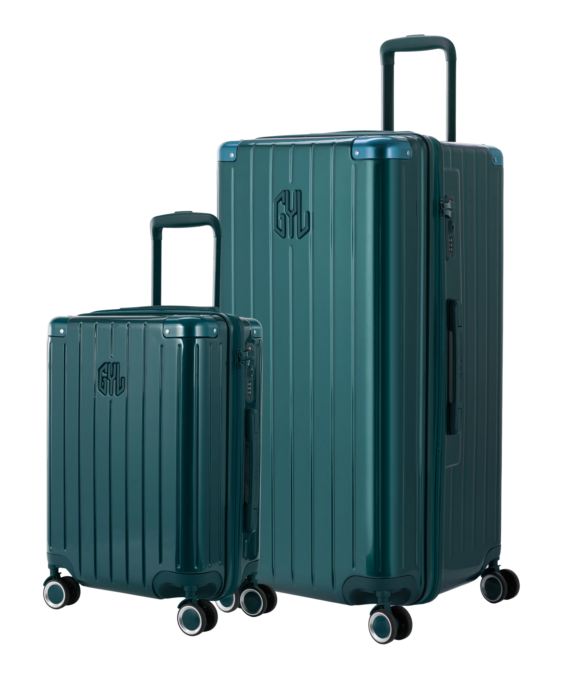 Pack 2 valises rigides GYL Trunk XL et Cabine S vert sapin, polycarbonate, 4 roues 360°, vue trois quarts