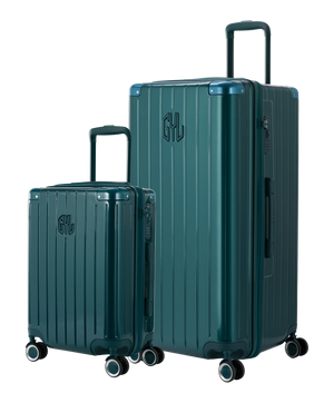 Pack 2 valises rigides GYL Trunk XL et Cabine S vert sapin, polycarbonate, 4 roues 360°, vue trois quarts