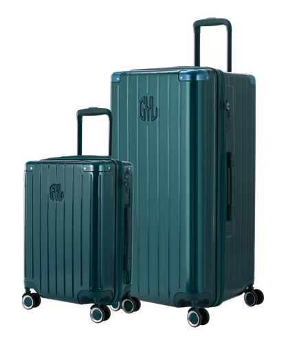 Pack 2 valises rigides GYL Trunk XL et Cabine S vert sapin, polycarbonate, 4 roues 360°, vue trois quarts