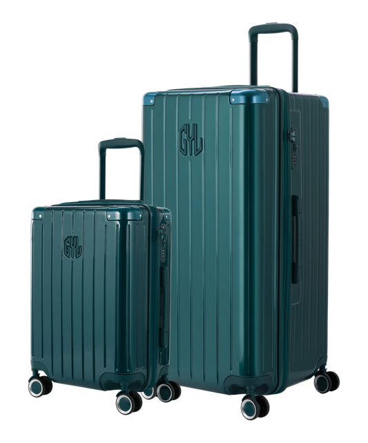 Pack 2 valises rigides GYL Trunk XL et Cabine S vert sapin, polycarbonate, 4 roues 360°, vue trois quarts