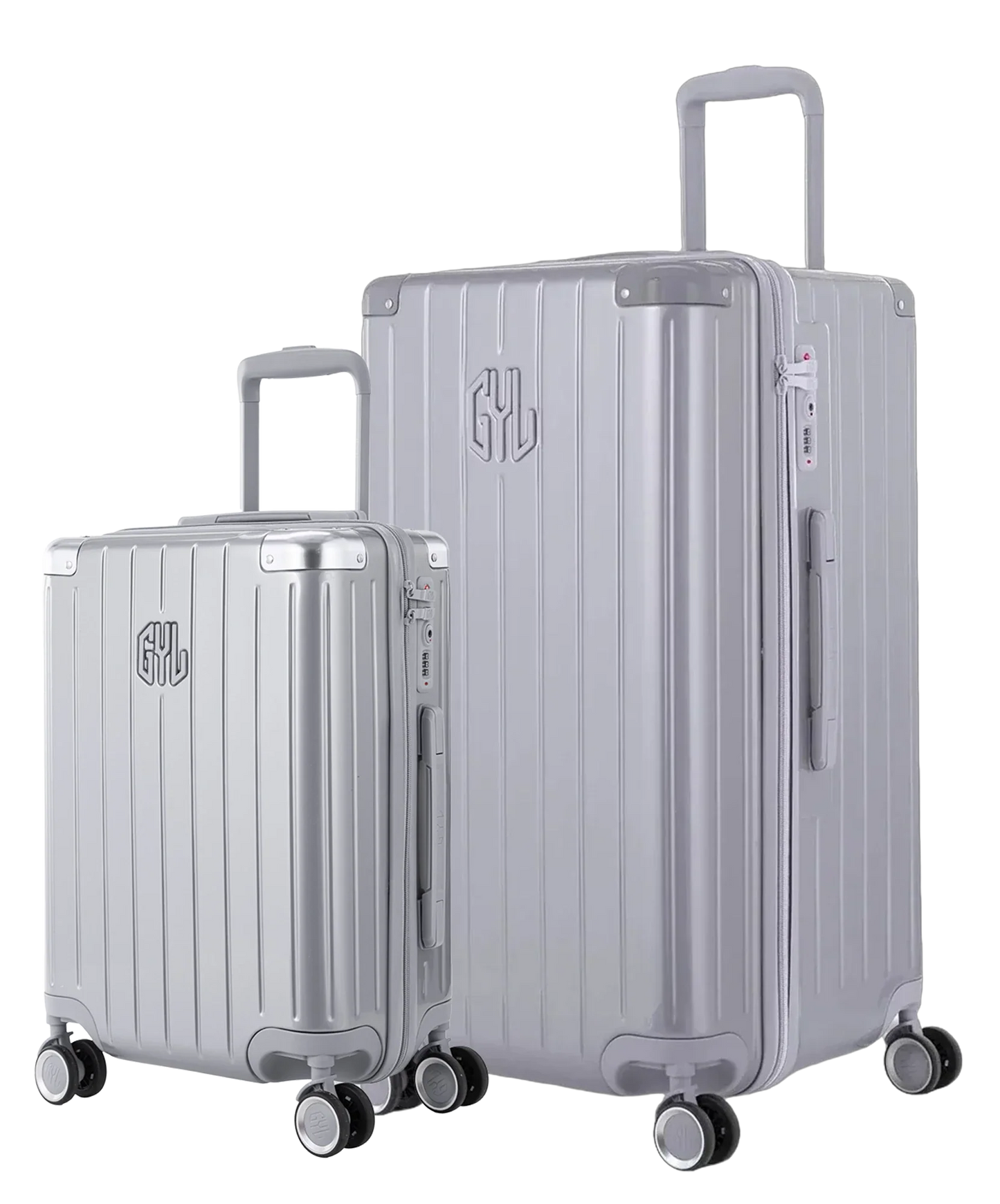 Pack 2 valises rigides GYL Trunk L et Cabine S argent, polycarbonate ribbed, 4 roues 360, vue trois quarts