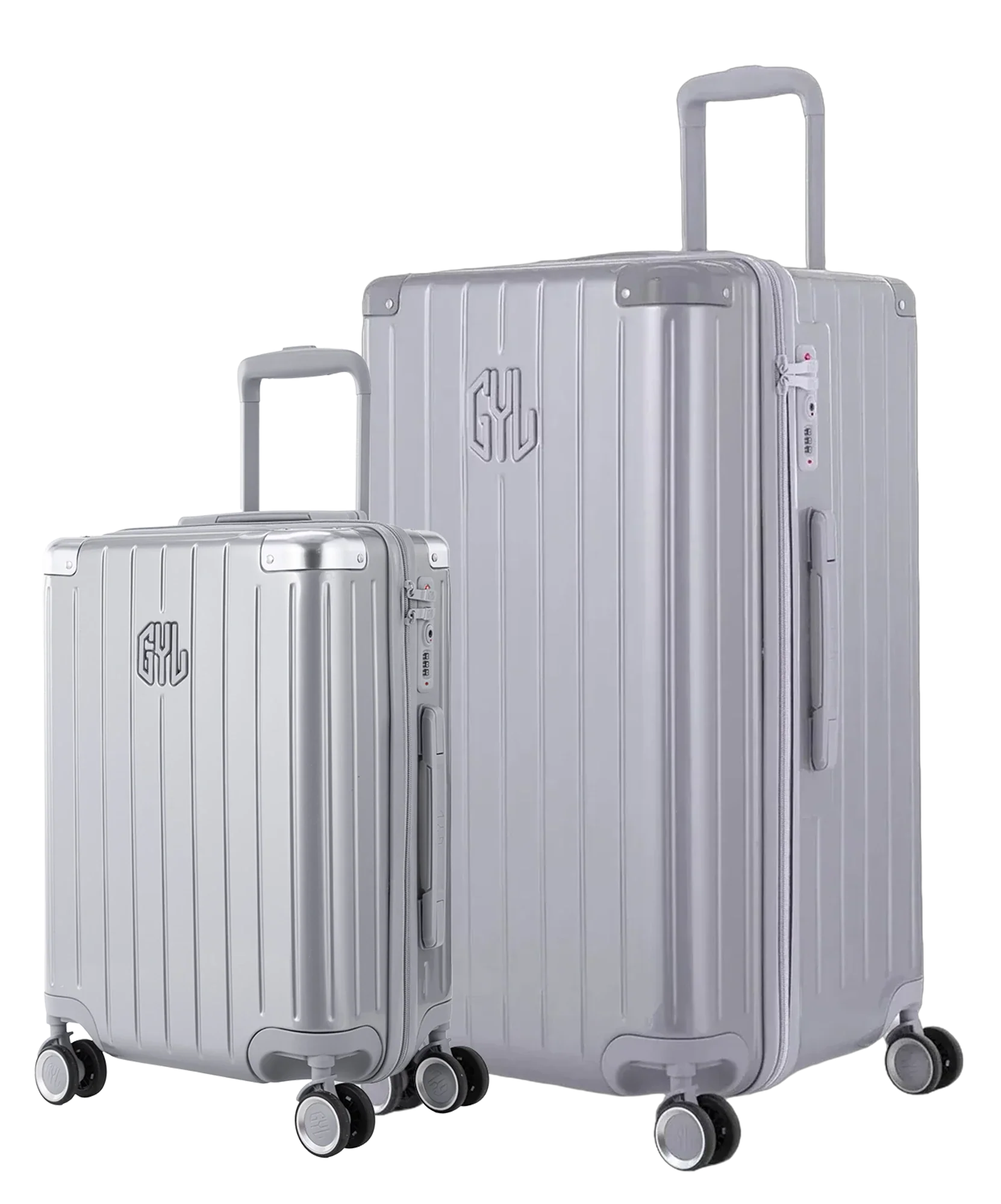 Pack 2 valises rigides GYL Trunk L et Cabine S argent, polycarbonate ribbed, 4 roues 360, vue trois quarts