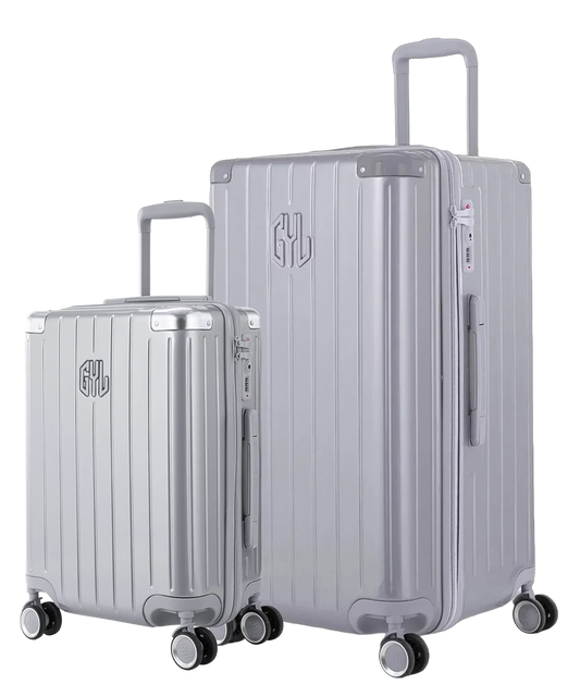 Pack 2 valises rigides GYL Trunk L et Cabine S argent, polycarbonate ribbed, 4 roues 360, vue trois quarts