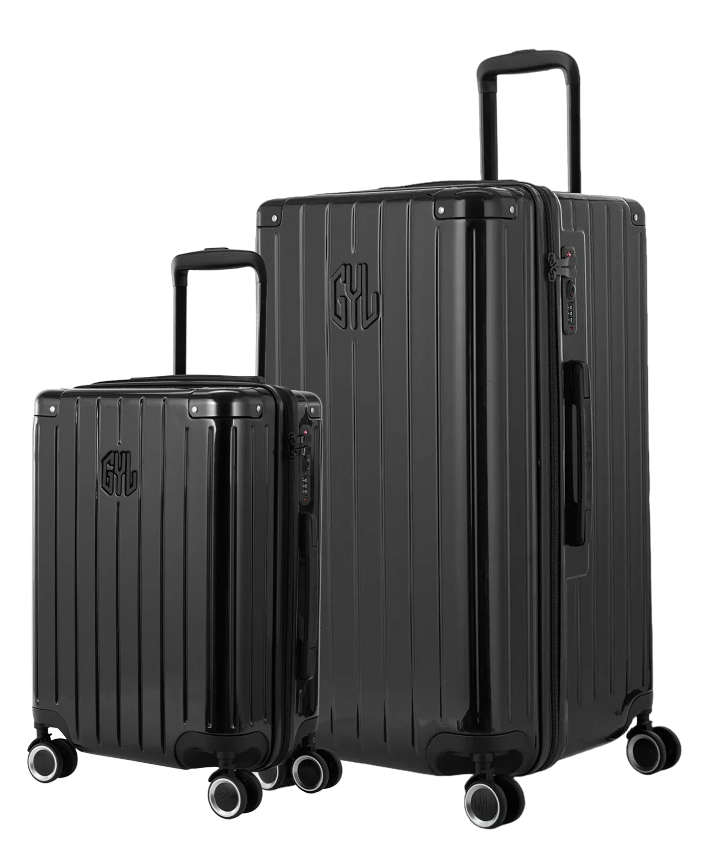 Pack 2 valises rigides GYL Trunk L et Cabine S noires, polycarbonate ribbed, 4 roues 360, vue trois quarts