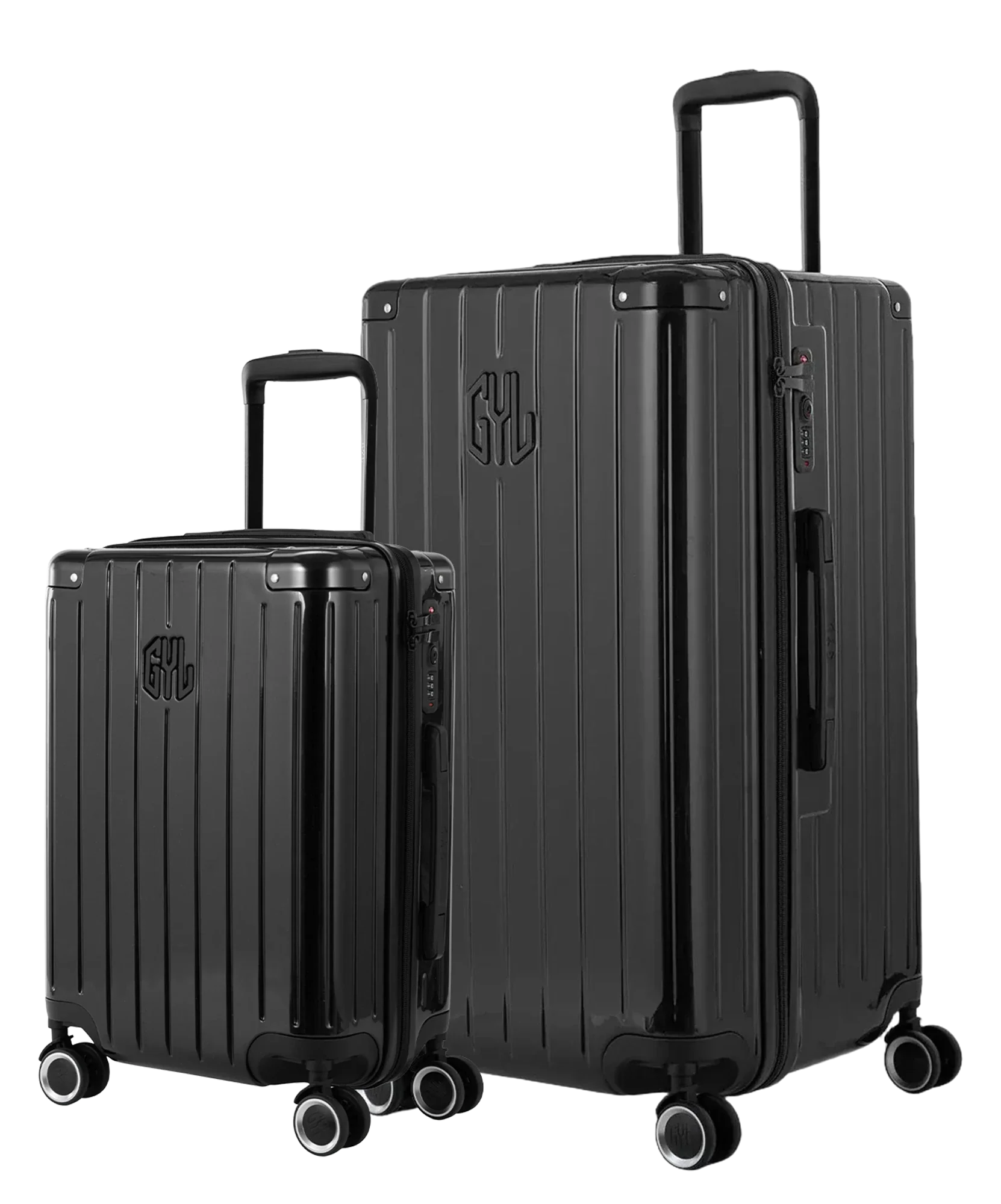 Pack 2 valises rigides GYL Trunk L et Cabine S noires, polycarbonate ribbed, 4 roues 360, vue trois quarts