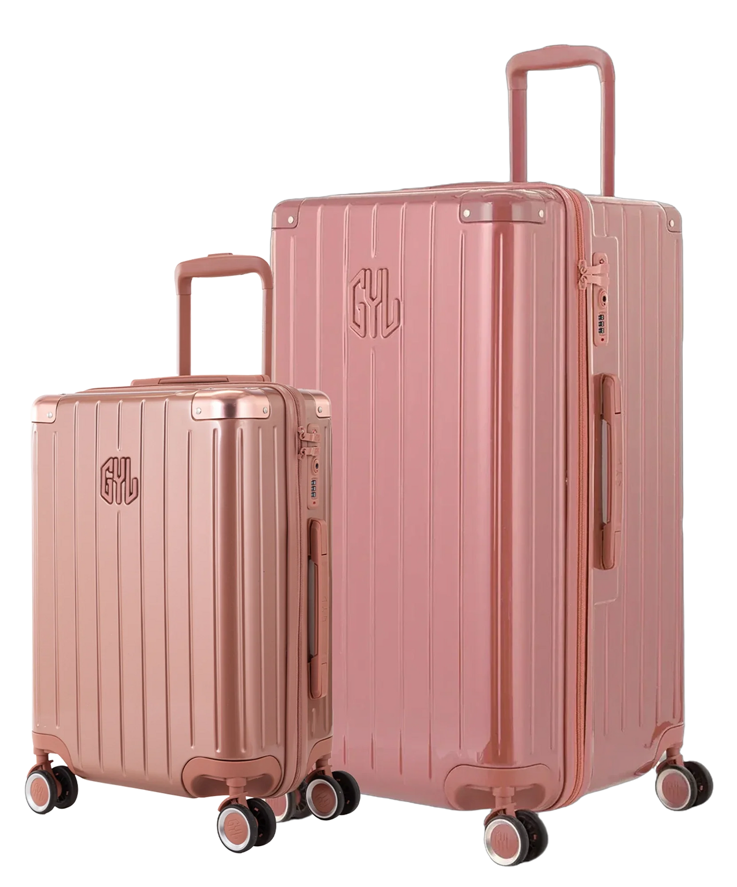 Pack 2 valises rigides GYL Trunk L et Cabine S rose gold, polycarbonate ribbed, 4 roues 360, vue trois quarts