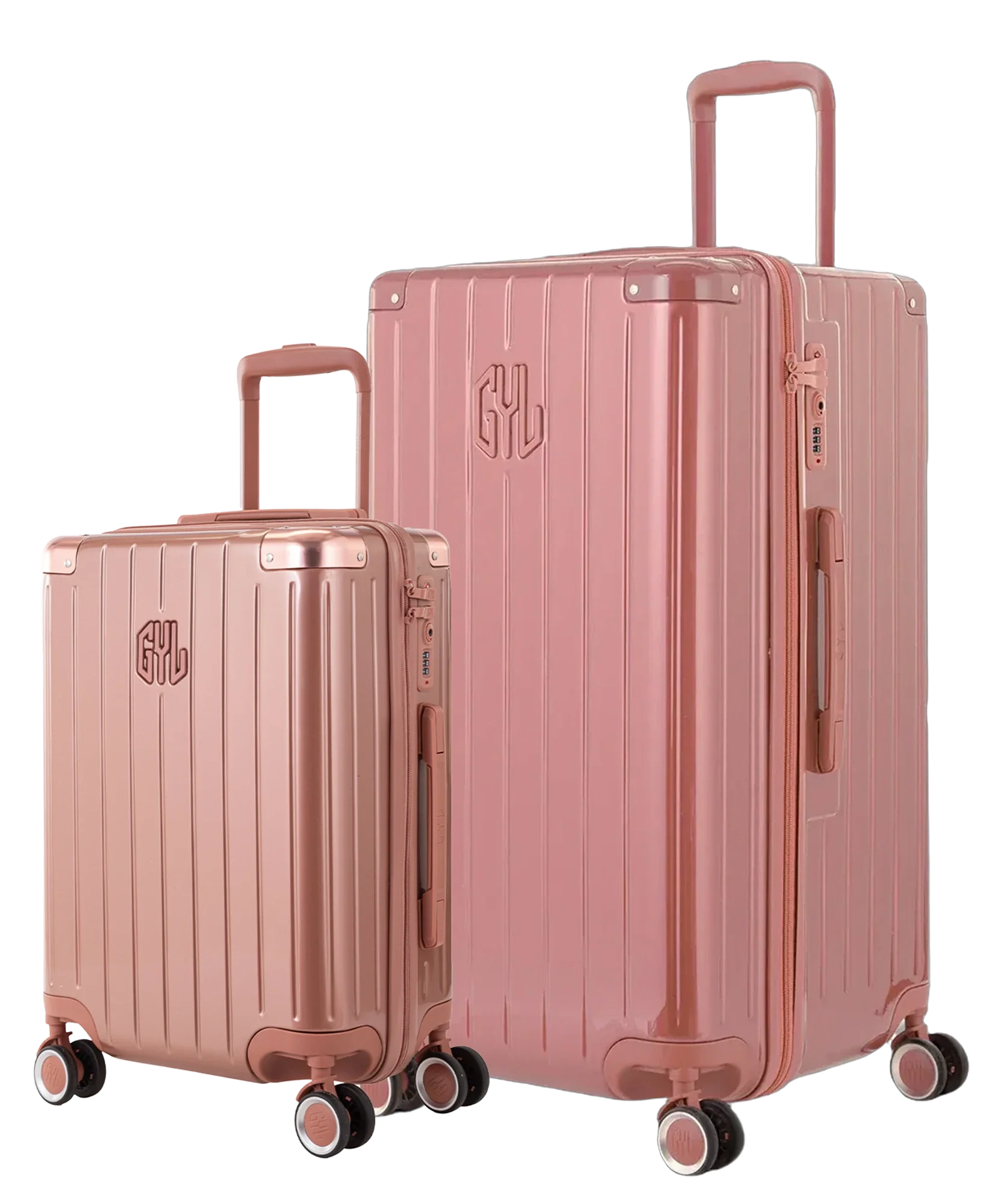 Pack 2 valises rigides GYL Trunk L et Cabine S rose gold, polycarbonate ribbed, 4 roues 360, vue trois quarts