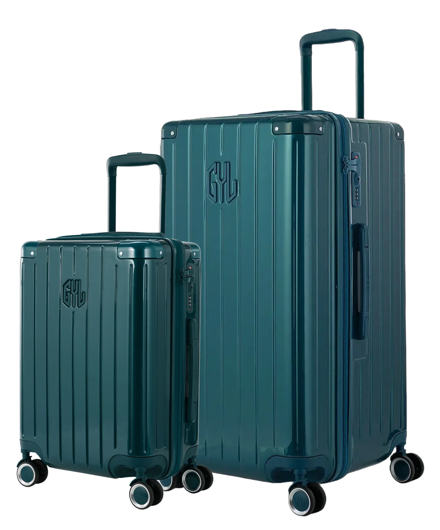 Pack 2 valises rigides GYL Trunk L et Cabine S vert sapin, polycarbonate ribbed, 4 roues 360, vue trois quarts