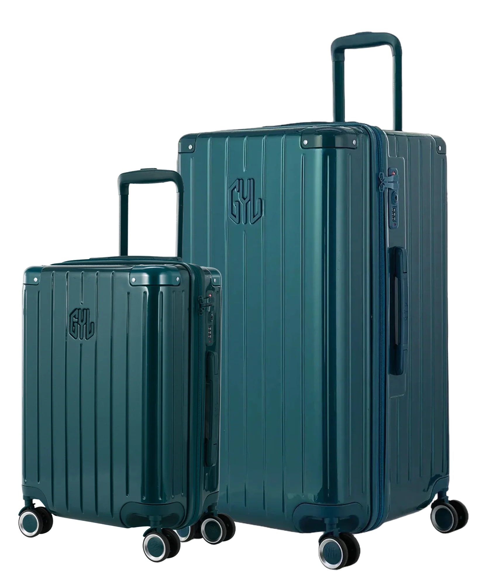 Pack 2 valises rigides GYL Trunk L et Cabine S vert sapin, polycarbonate ribbed, 4 roues 360, vue trois quarts