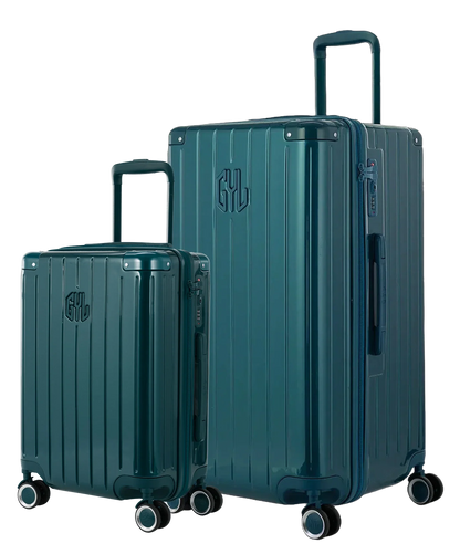 Pack 2 valises rigides GYL Trunk L et Cabine S vert sapin, polycarbonate ribbed, 4 roues 360, vue trois quarts