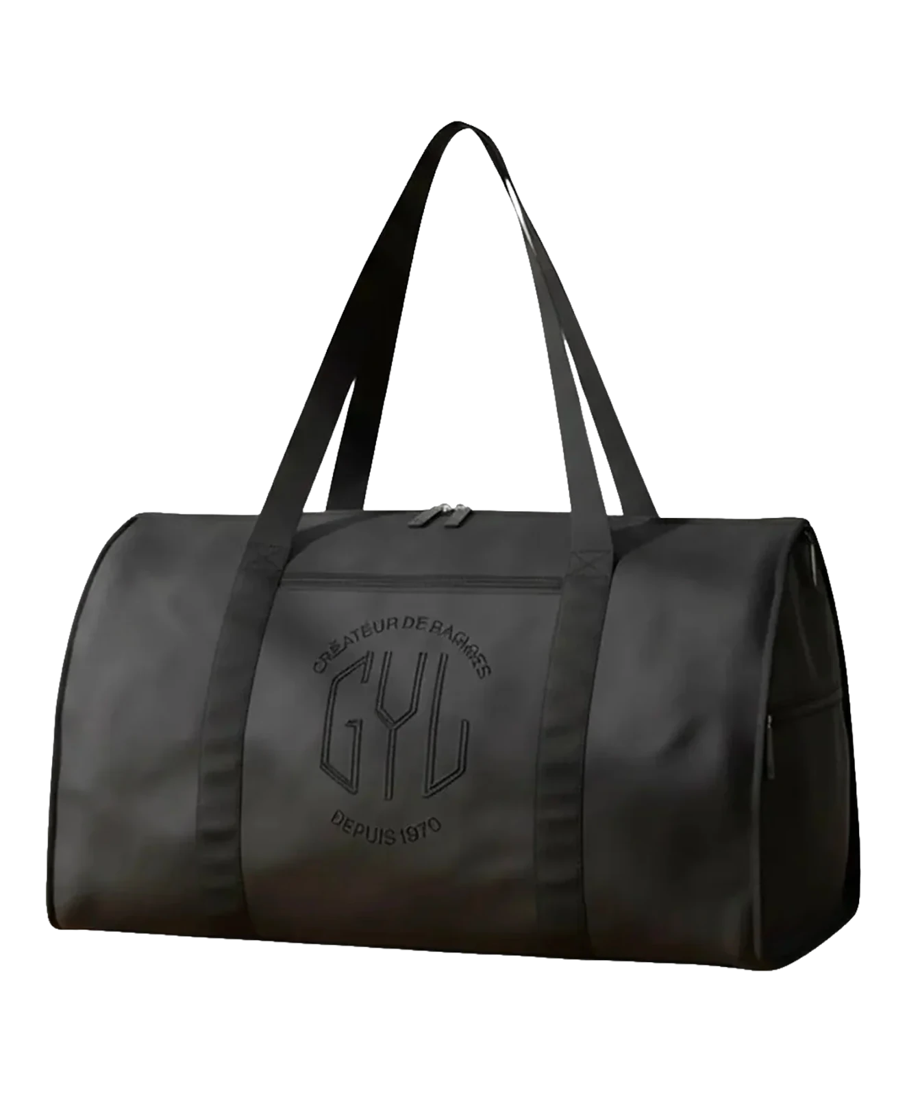 Sac de voyage pliant GYL coloris noir vue trois quarts avec logo Créateur de Bagages depuis 1970