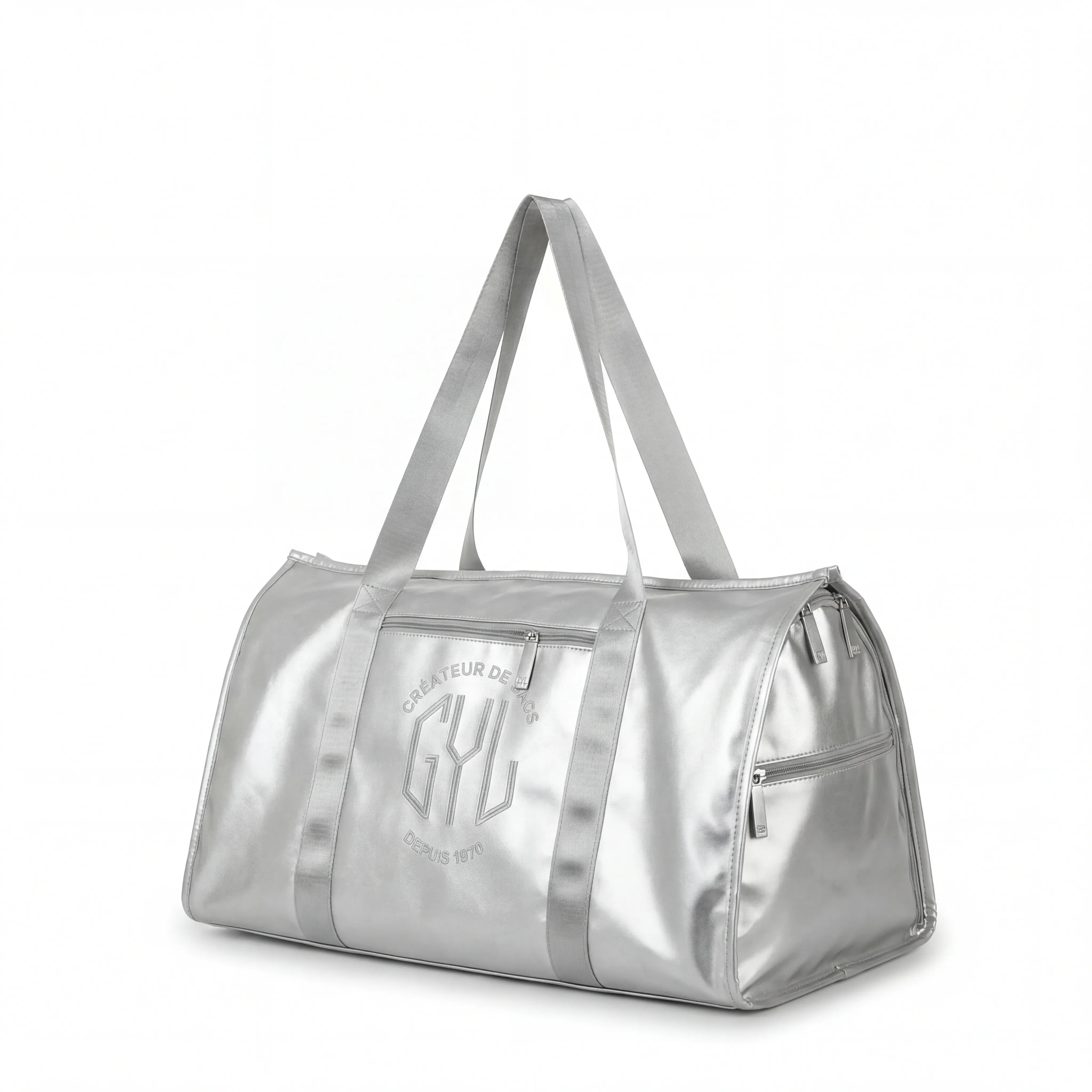 sac de voyage pliant argent GYL vue de face et de côté avec logo embossé