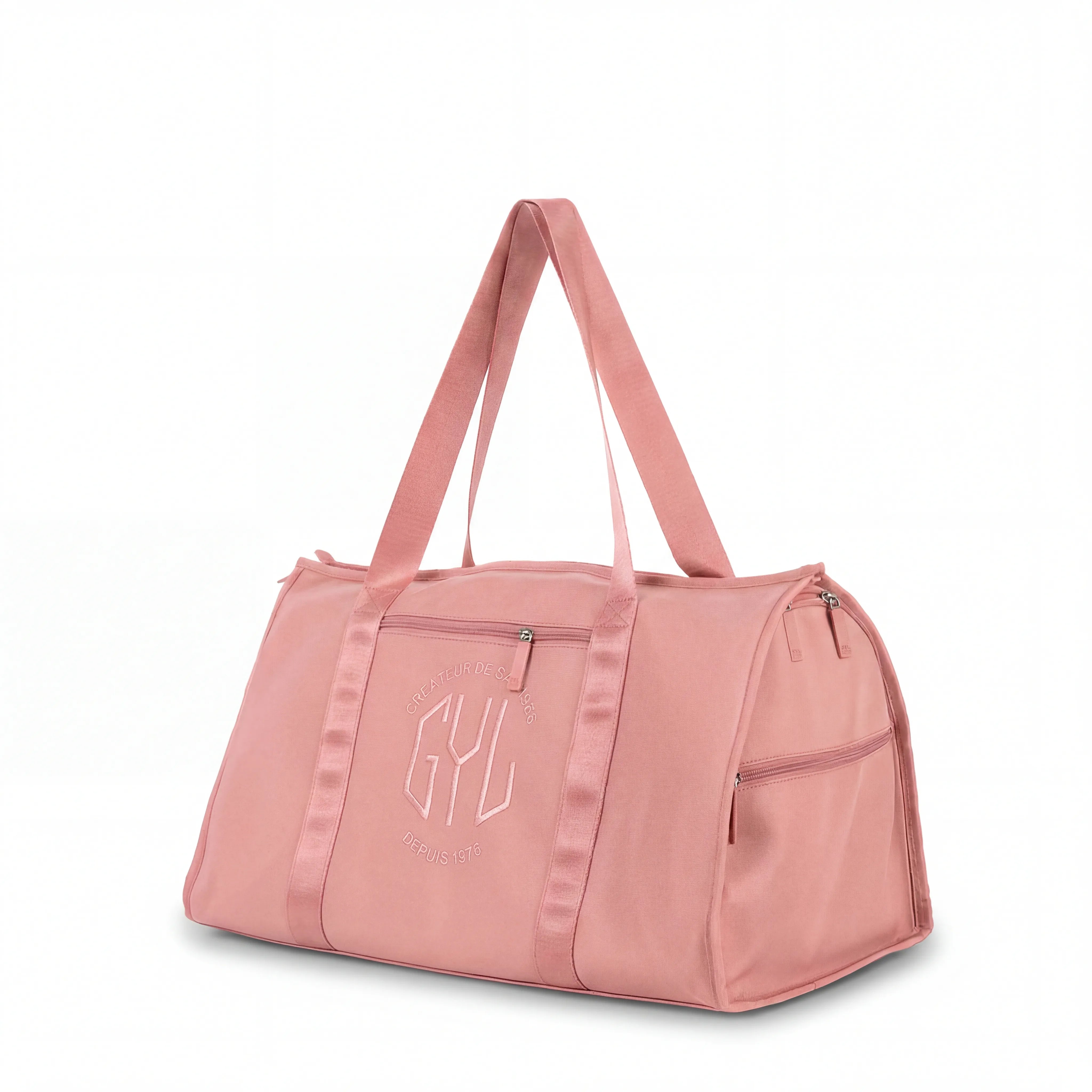 sac de voyage pliant rose gold GYL vue de face avec logo embossé