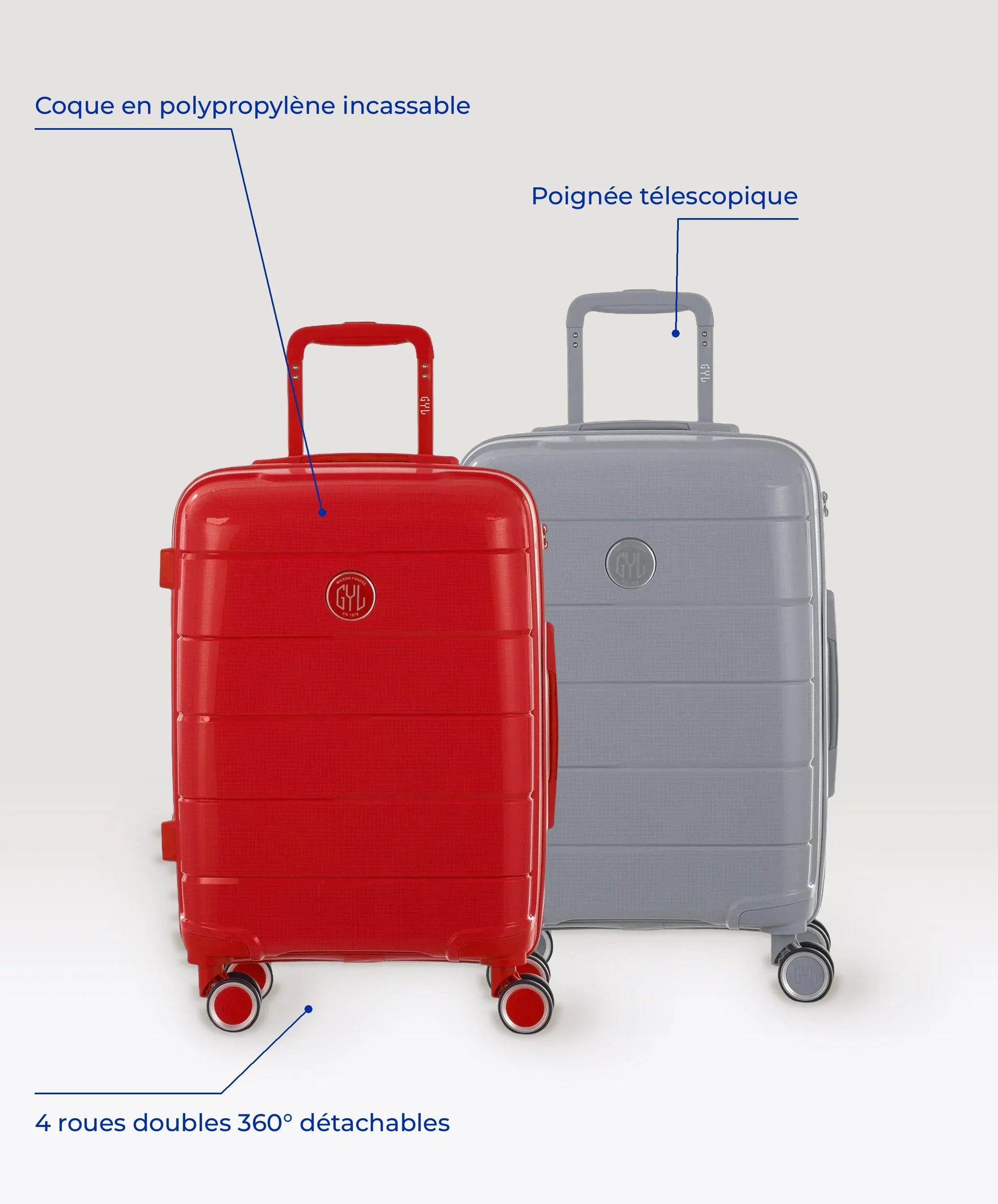 Set de 2 valises Citadine en polypropylène cabine 55 cm coloris rouge et argent vue de face avec coque, poignée télescopique et roues annotées