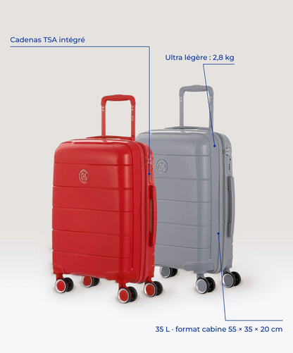 Set de 2 valises Citadine en polypropylène cabine 55 cm coloris rouge et argent avec cadenas TSA, poids 2,8 kg et format cabine annotés